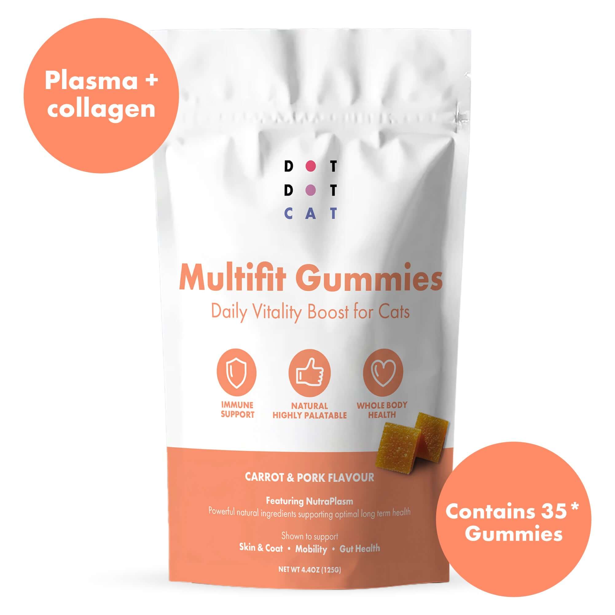 Package of Dot Dot Cat Multifit Plasma Gummies for cats with branding and product details on a white background. Contain 35 gummies
