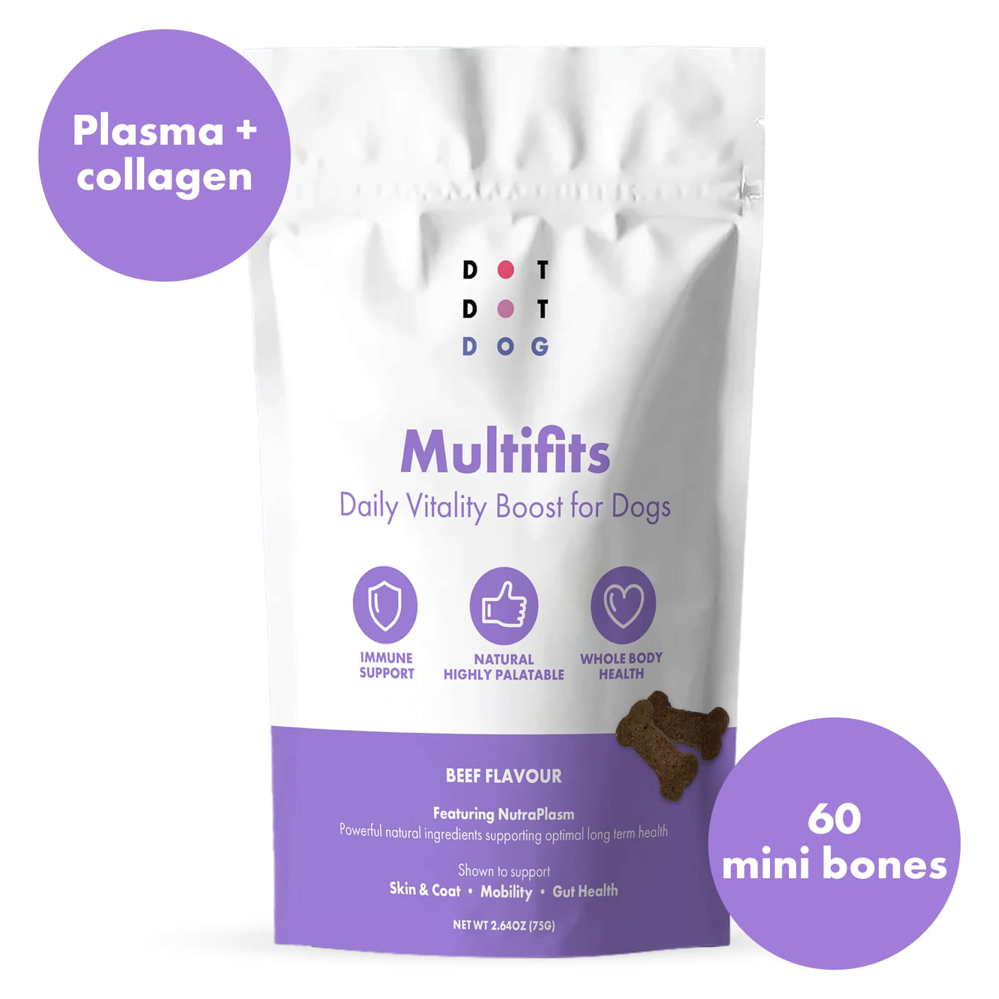 Package of Dot Dot Dog Multifits for dogs with plasma and collagen, beef flavor, and 60 mini bones.