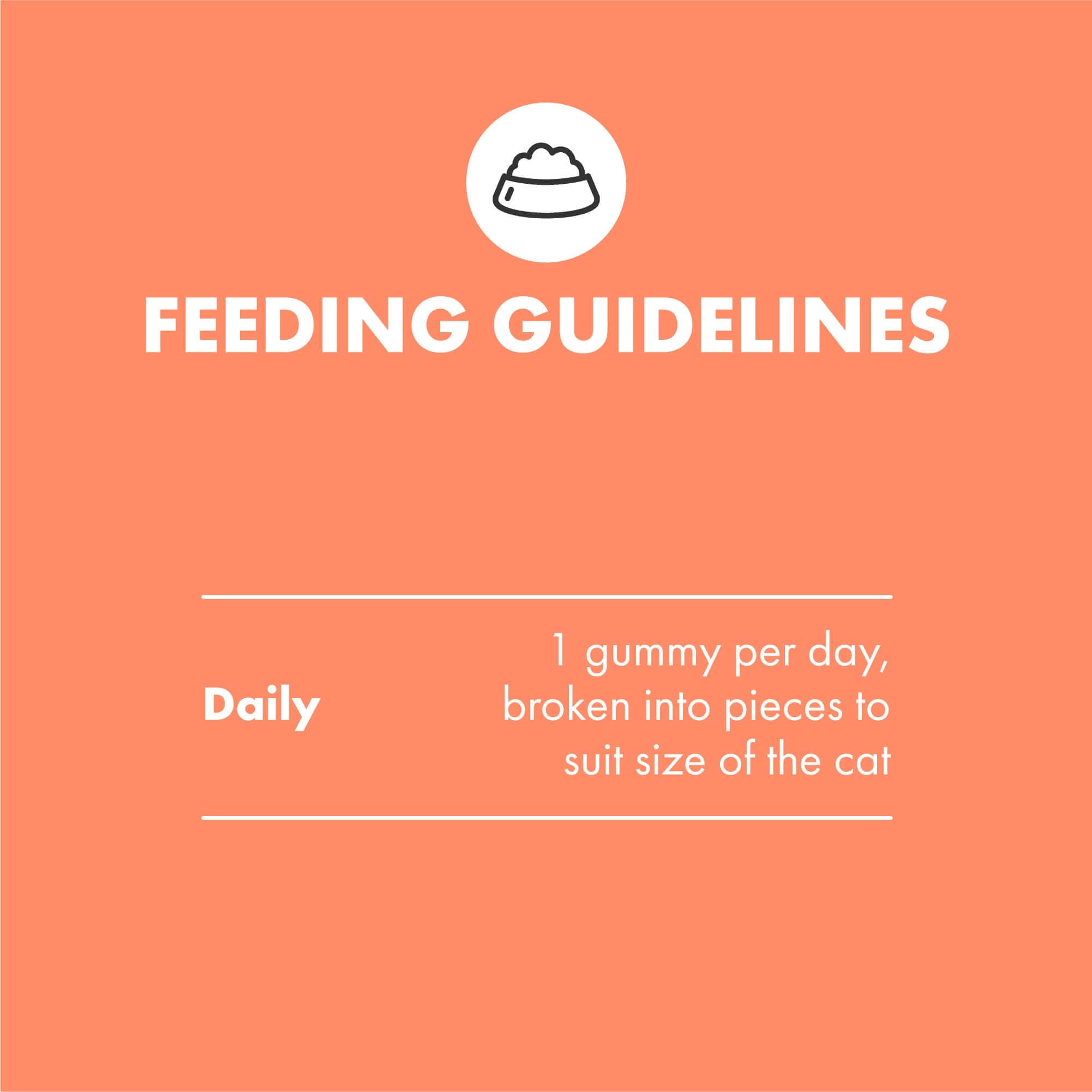 Feeding guidelines Multifit Cat Gummies 1 Gummy per day for cats on an orange background