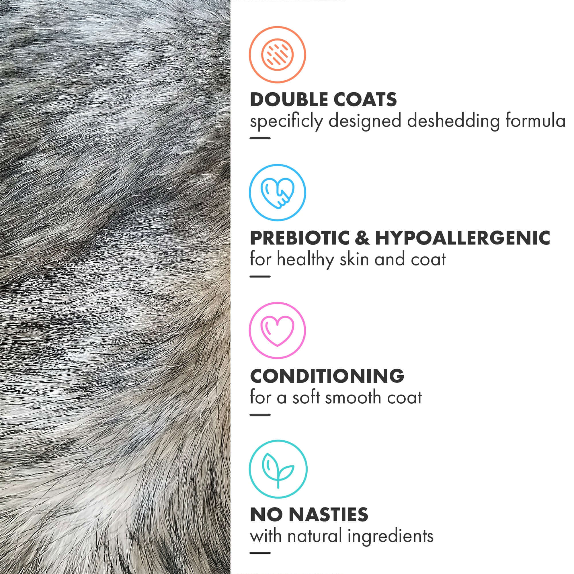 Double coat deshedding Shampoo - prebiotic, hypoallergenic, easy to use bottle, odour control