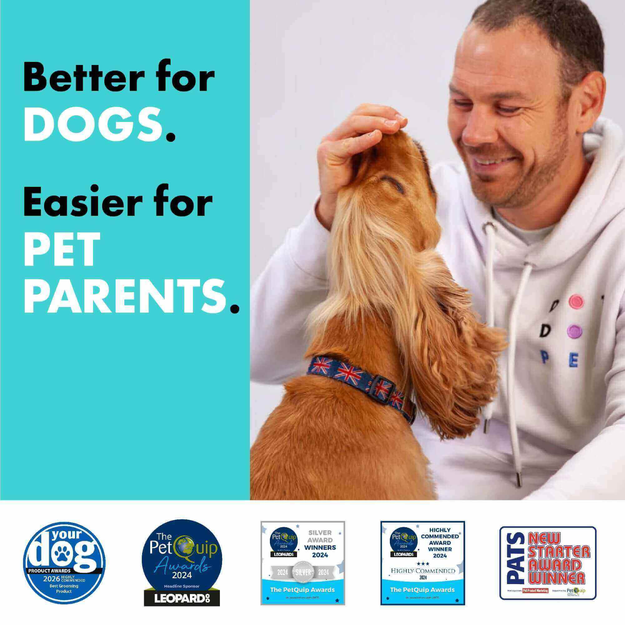 DotDotPet Better for Dogs Easier for Pet Parents showing multiple awards