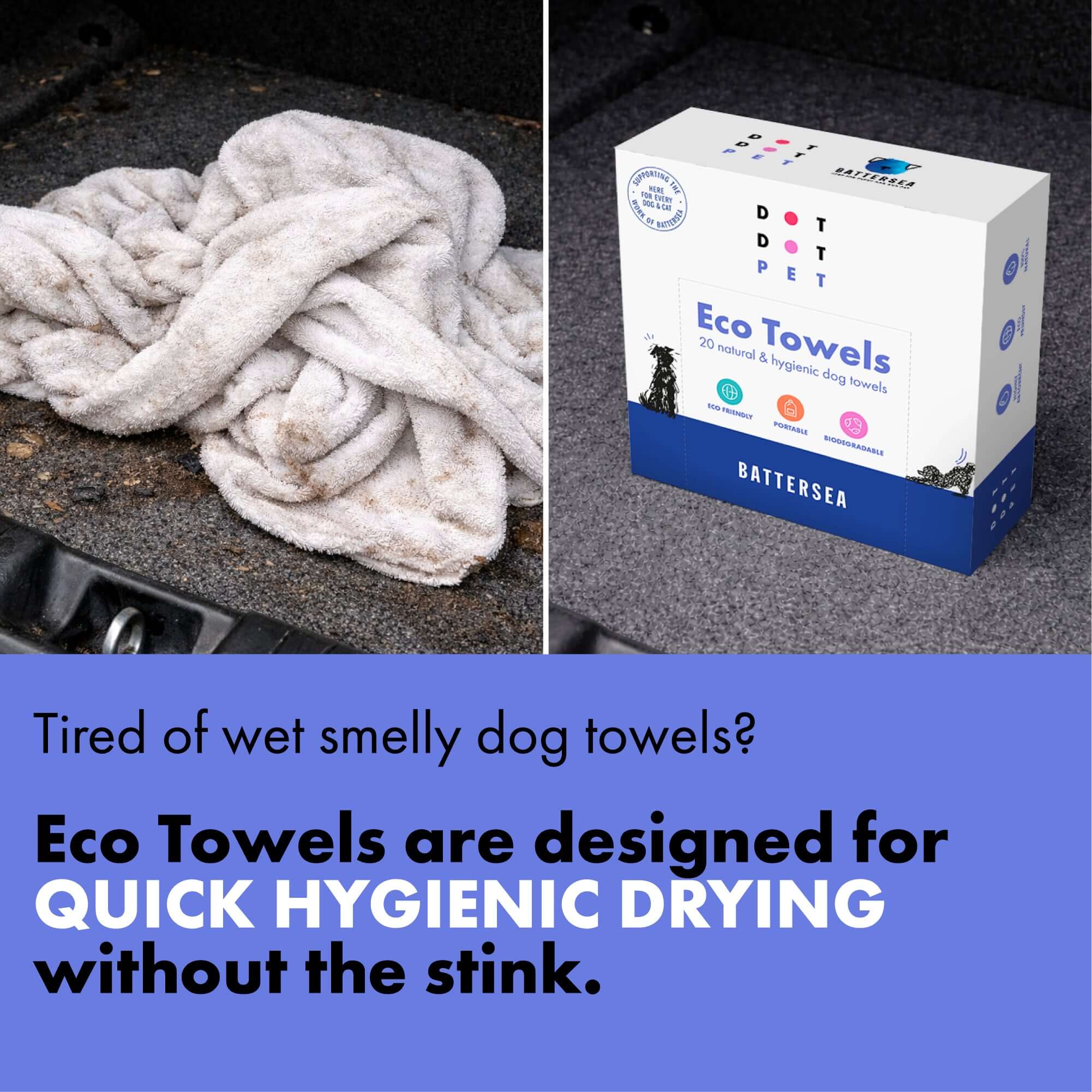 Image of a dirty dog towel in car boot saying tired of smelly dog towels
