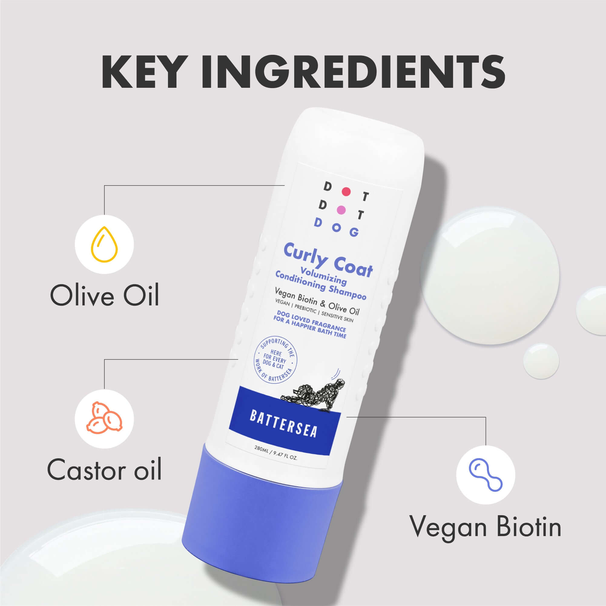 Natural ingredients Olive oil and Biotin for curly coats