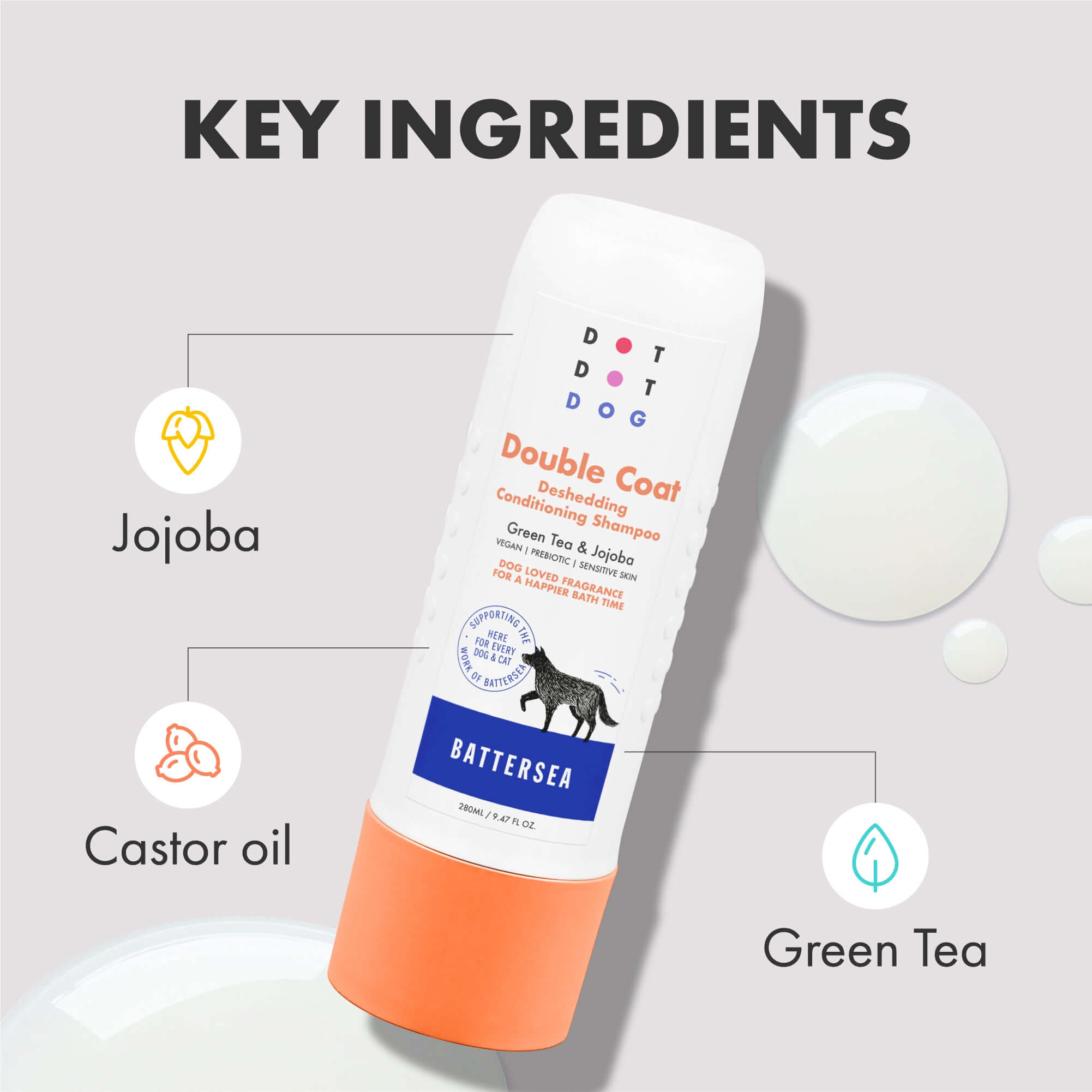 Deshedding shampoo containing green tea and jojoba to help remove dead hairs