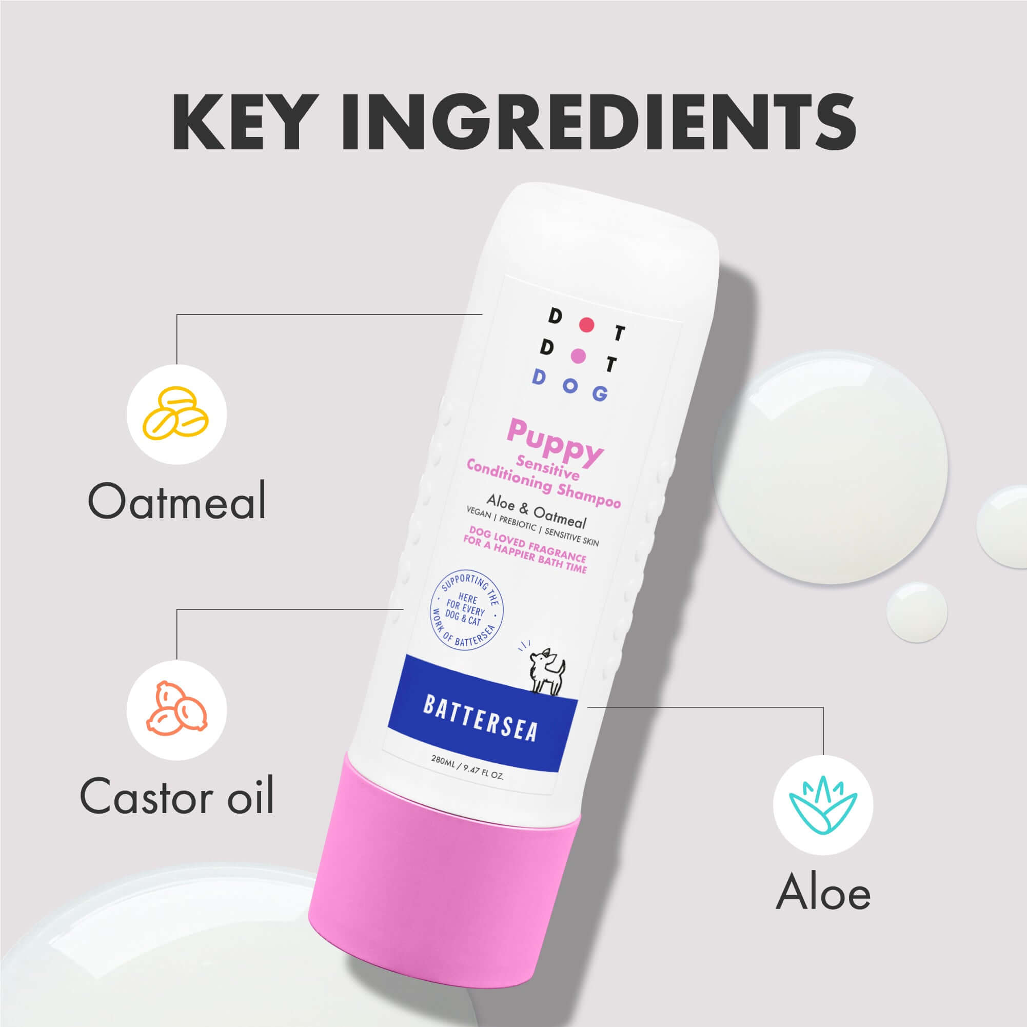 Conditioning Puppy Shampoo contains natural ingredients Aloe and Oatmeal for sensitive skin