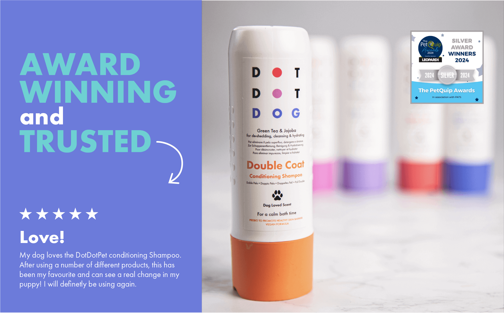 DoDotDog award winning conditioning dog shampoos with a blue background and 5 star customer review.