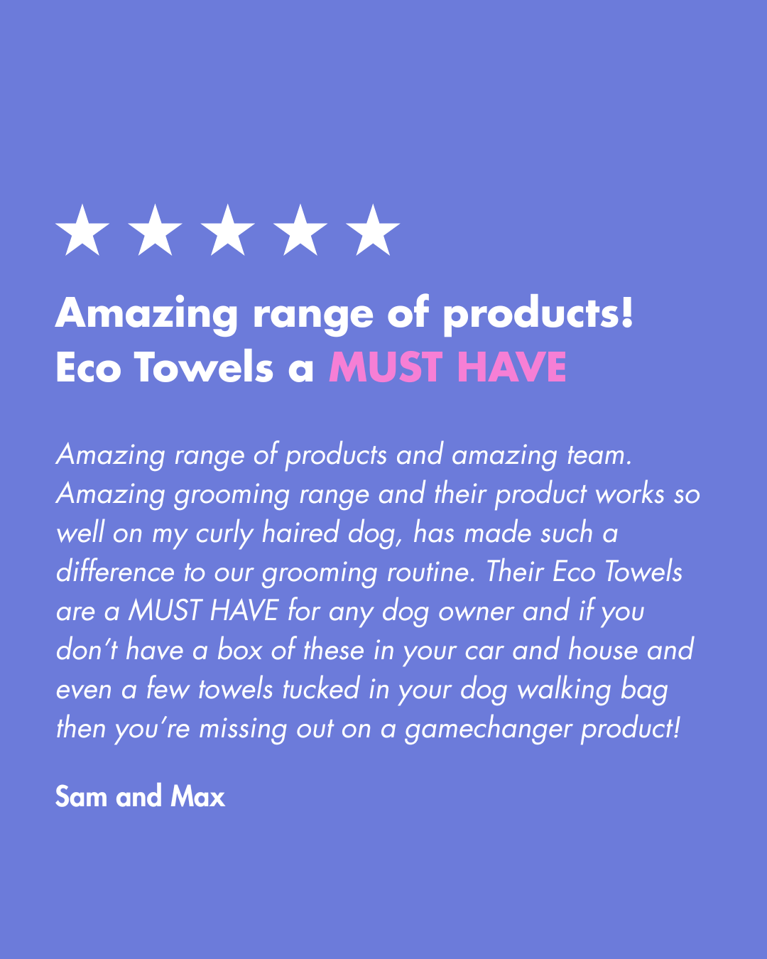 Five-star review of Eco Towels on a blue background with white text.