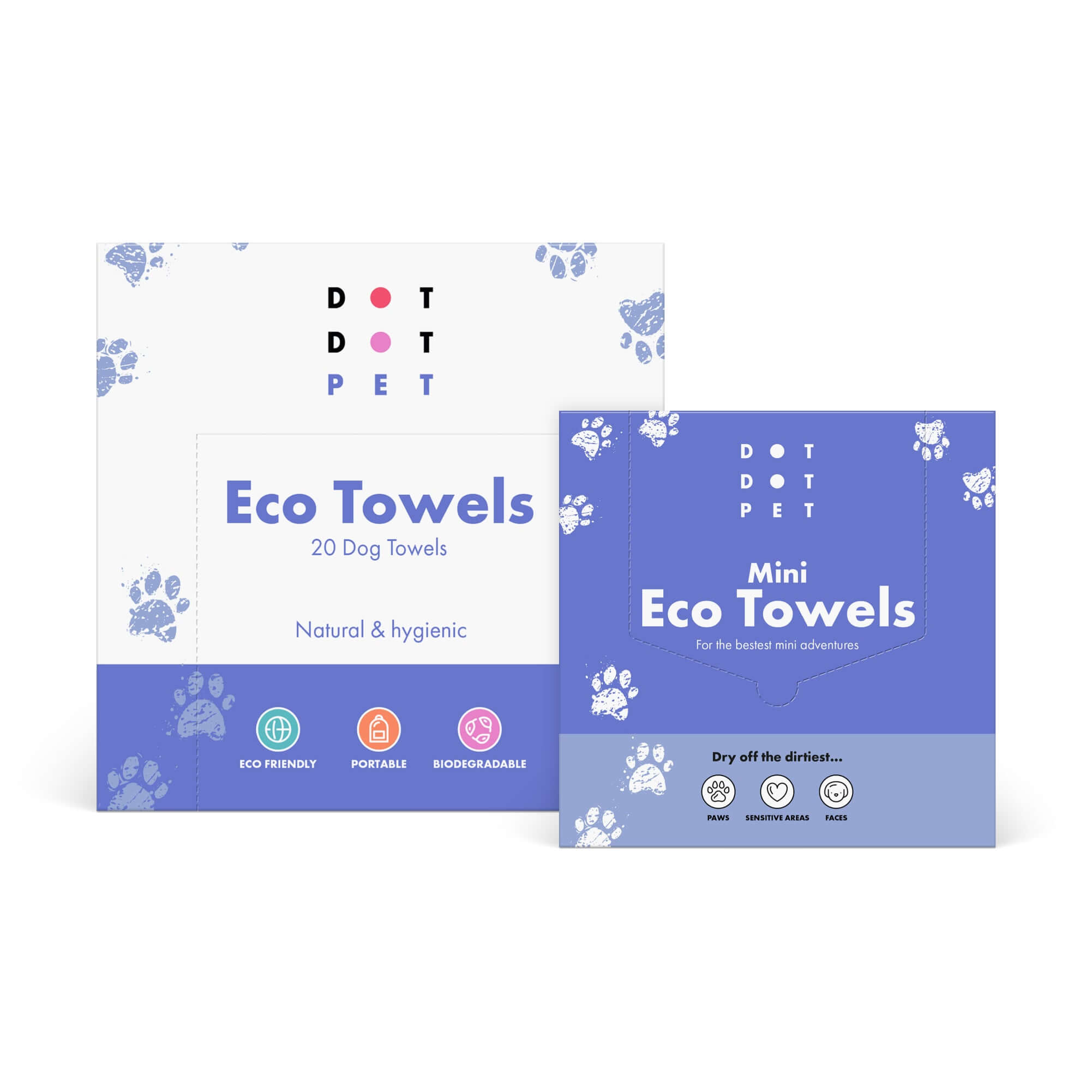 Two boxes of Dot Dot Pet eco towels on a white background