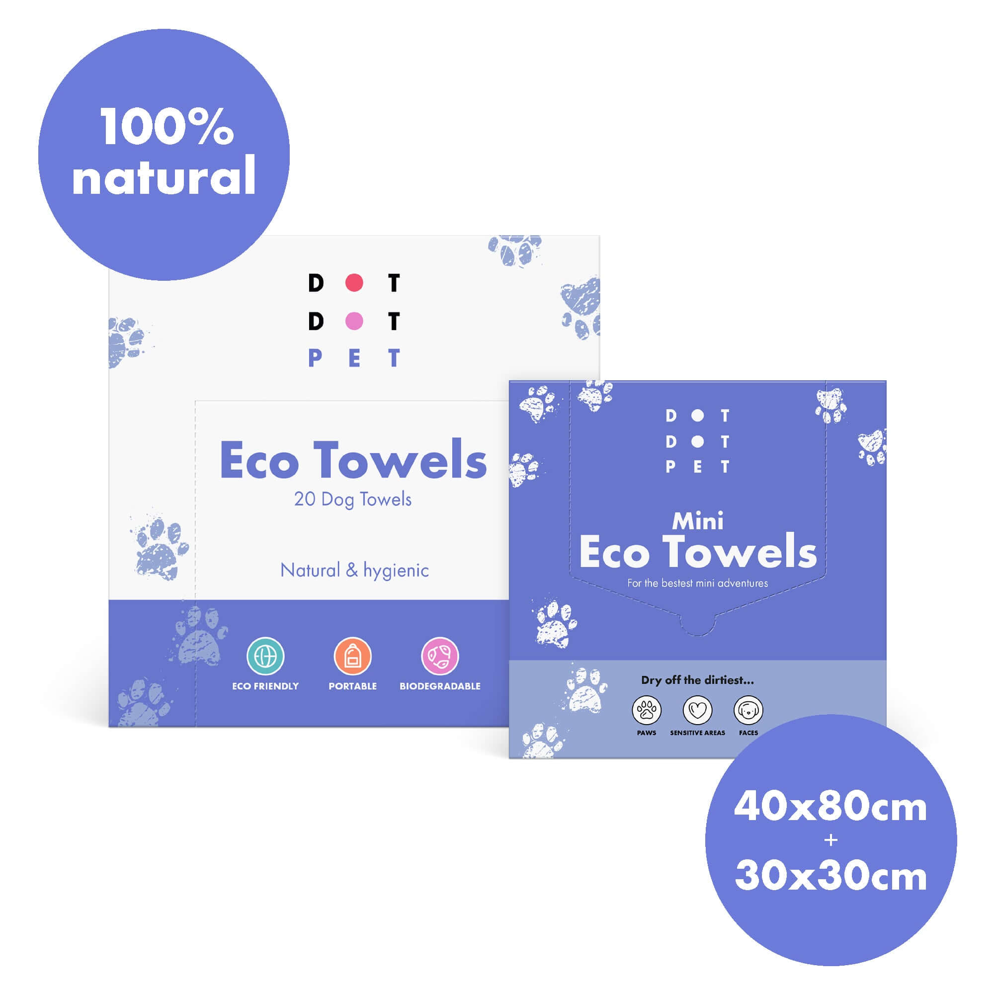 DOT PET eco towels packaging with sizes and natural properties highlighted