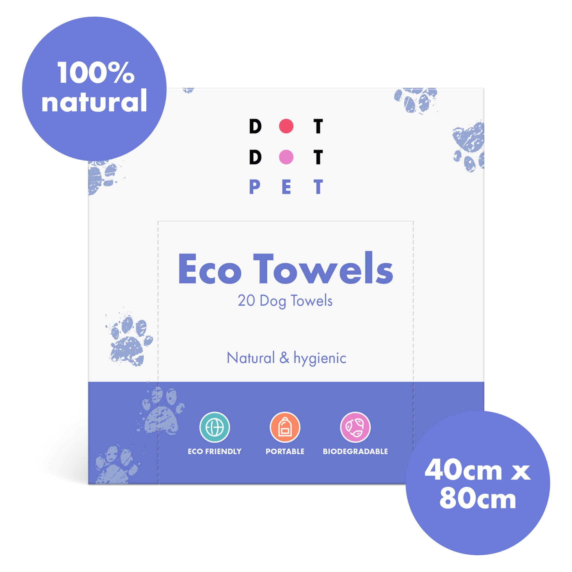 Box of Dot Dot Pet Eco Towels with branding and product details on a white background