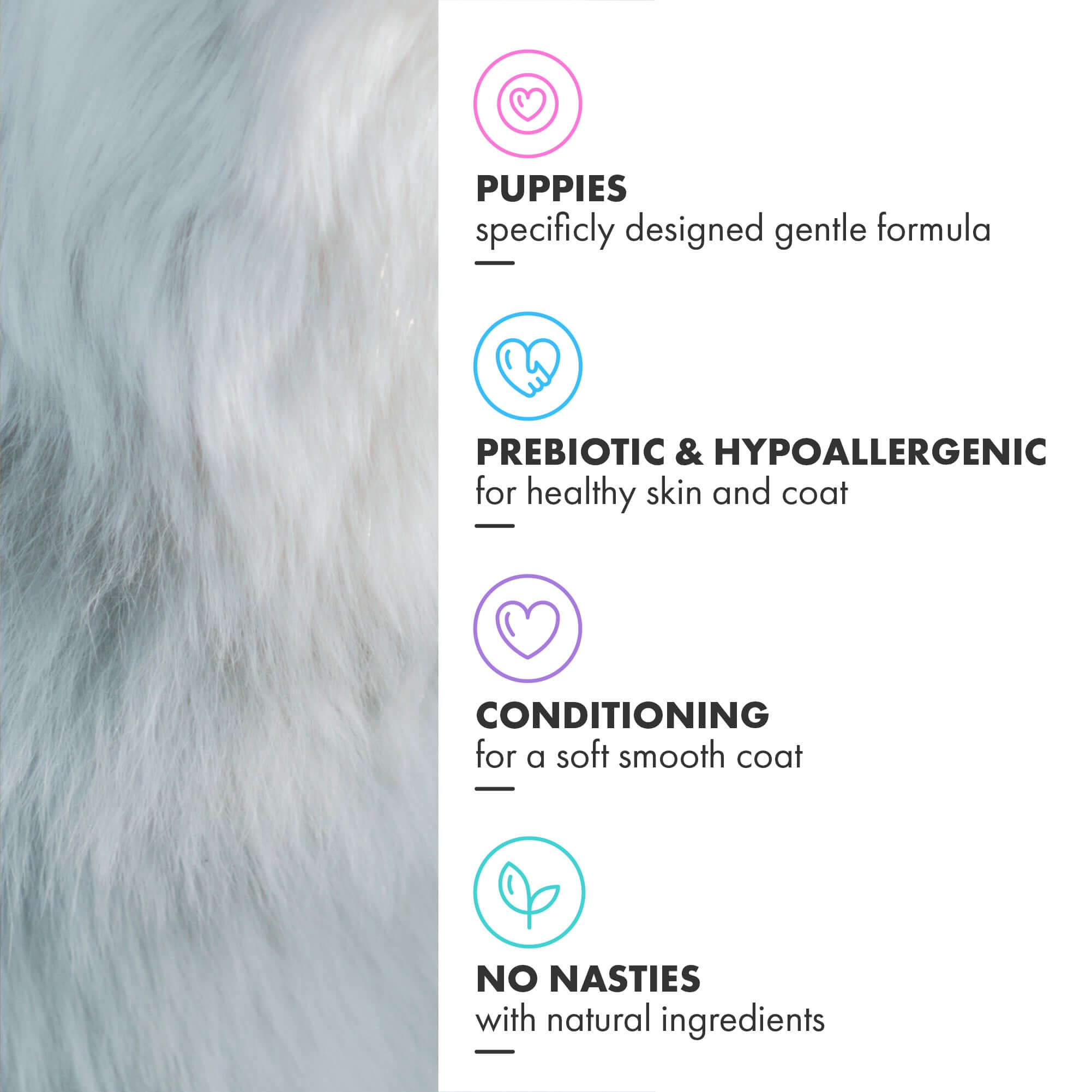 Puppy specific shampoo, prebiotic, hypoallergenic, sensitive skin, easy to use bottle, Odour control 