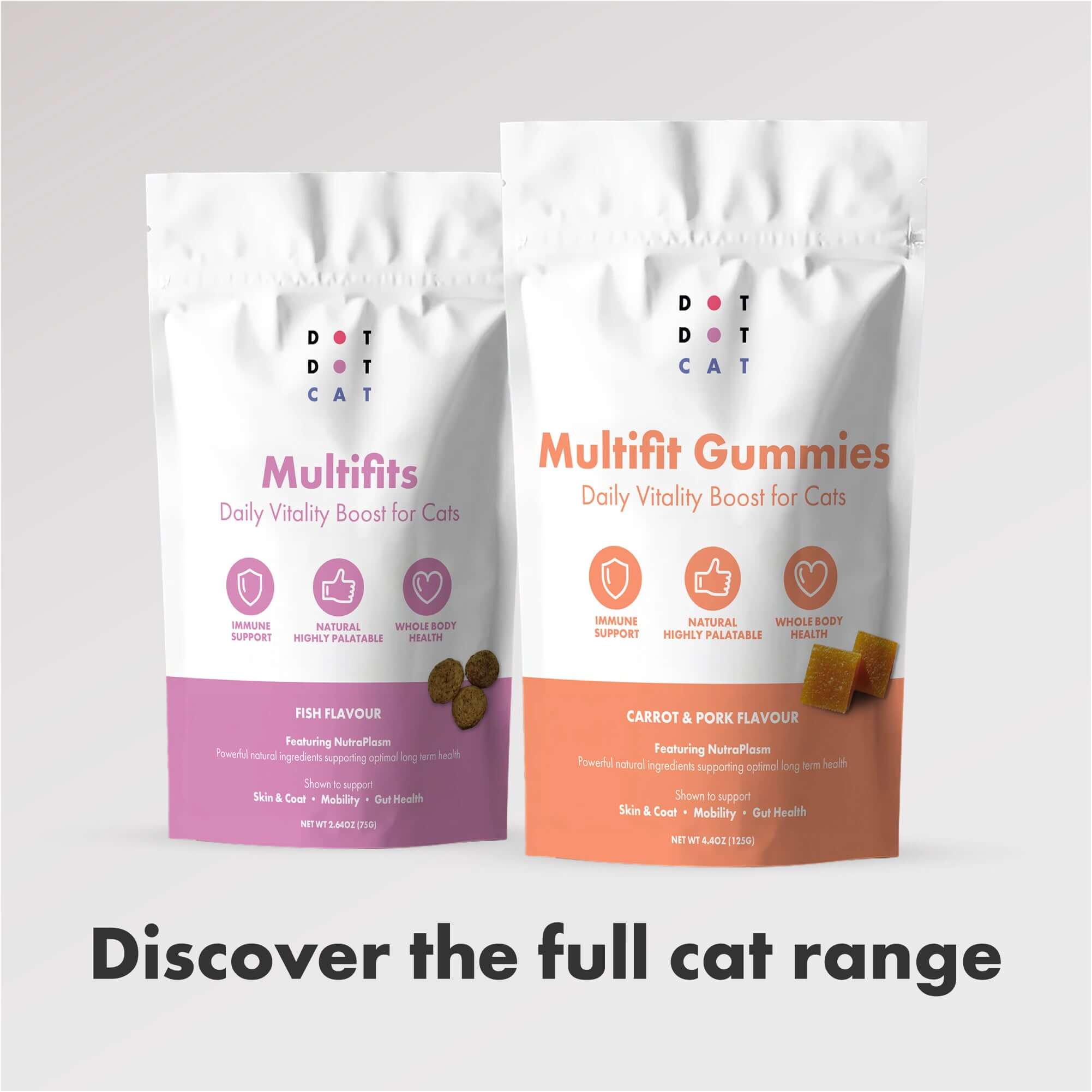 Two packages of Dot Dot Cat Multifit products on a light gray background with text 'Discover the full cat range'.