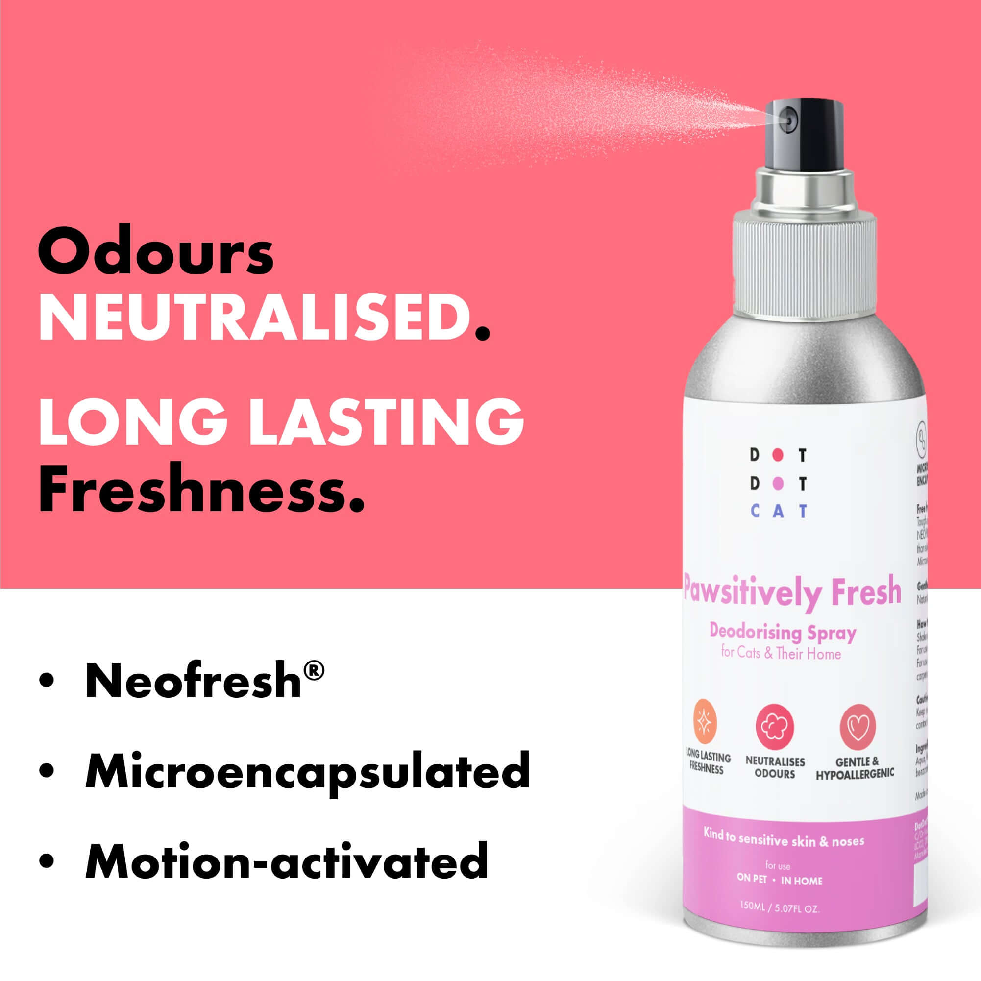 Benefits of the deodorising spray - long lasting, motion activated, eliminates odours 