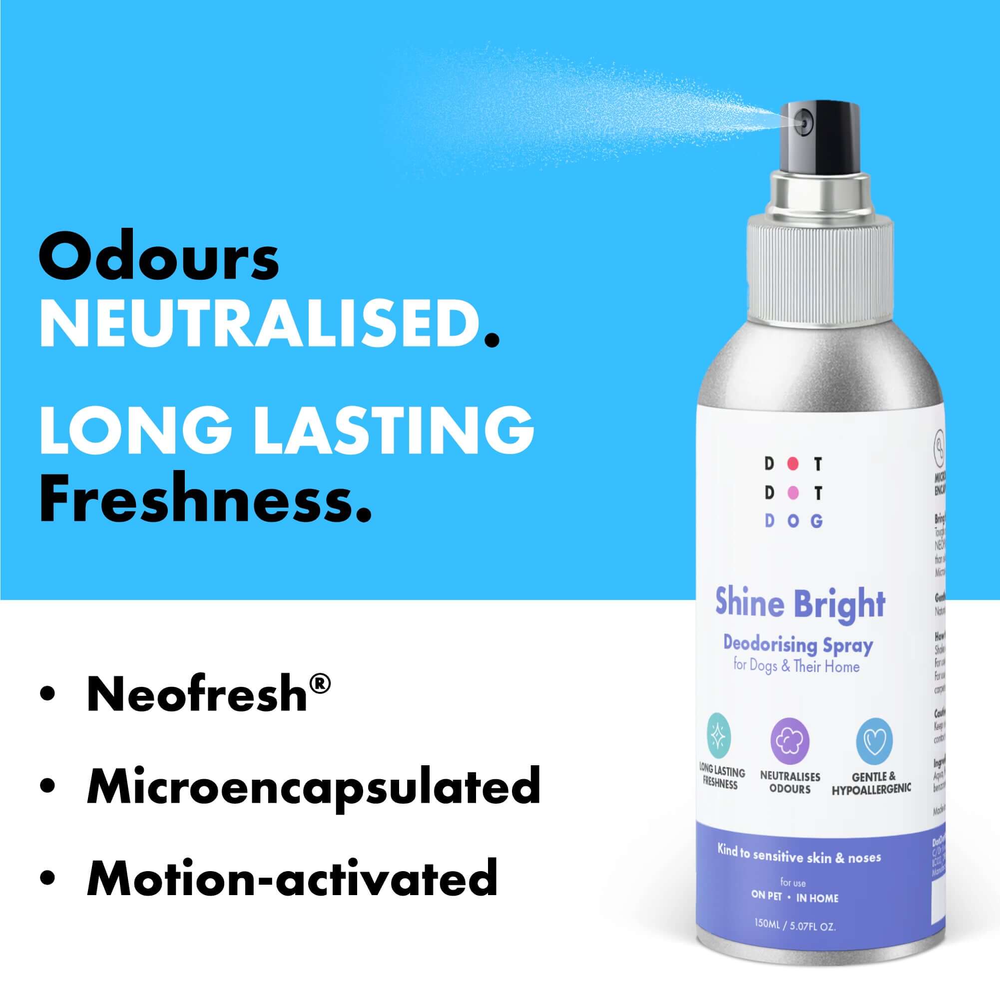 Why Shine Bright deodorising spray is different - motion activated, long lasting, odour eliminating 