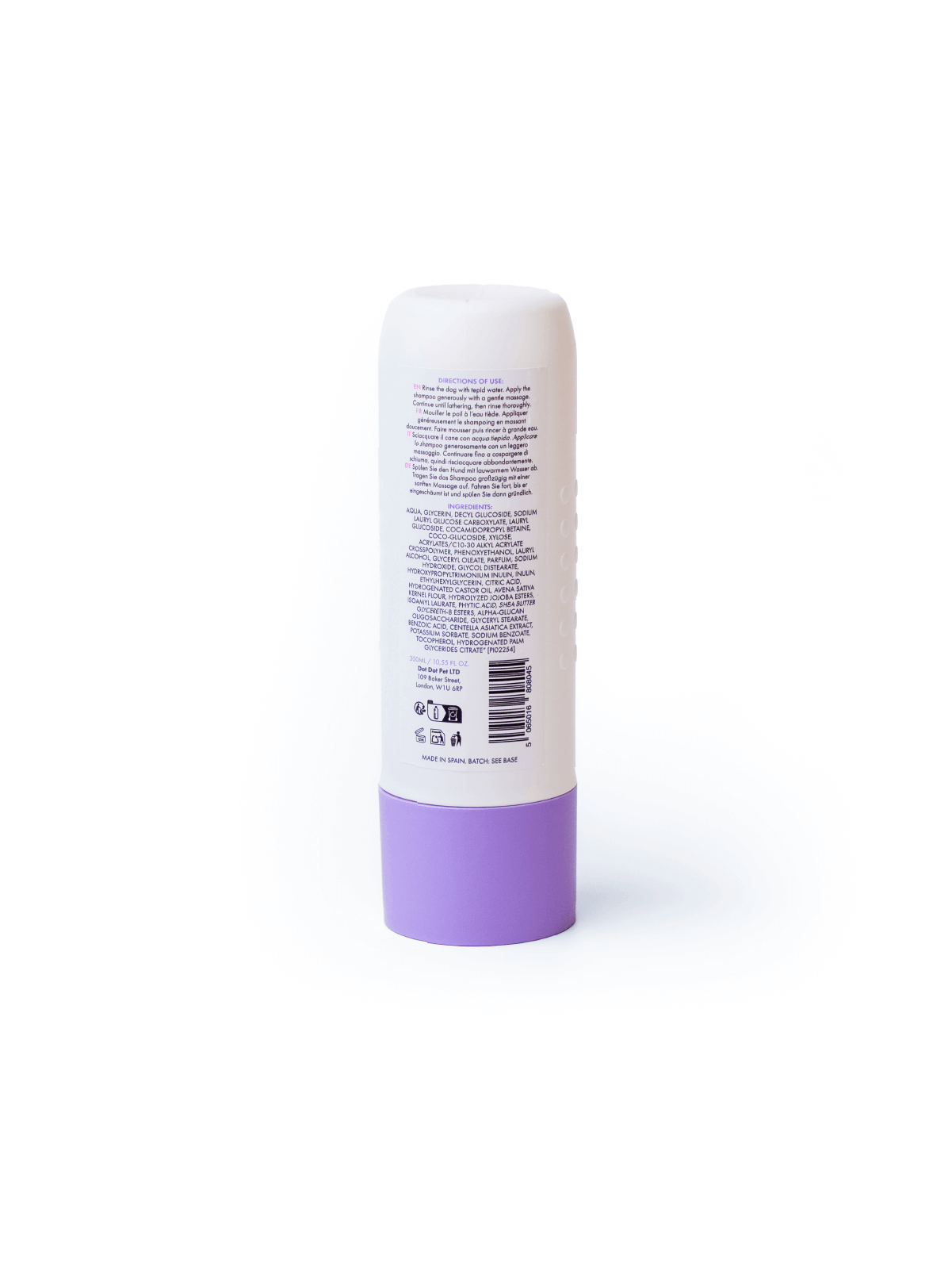 Back of 3 in 1 soothing conditioning shampoo for short haired dogs