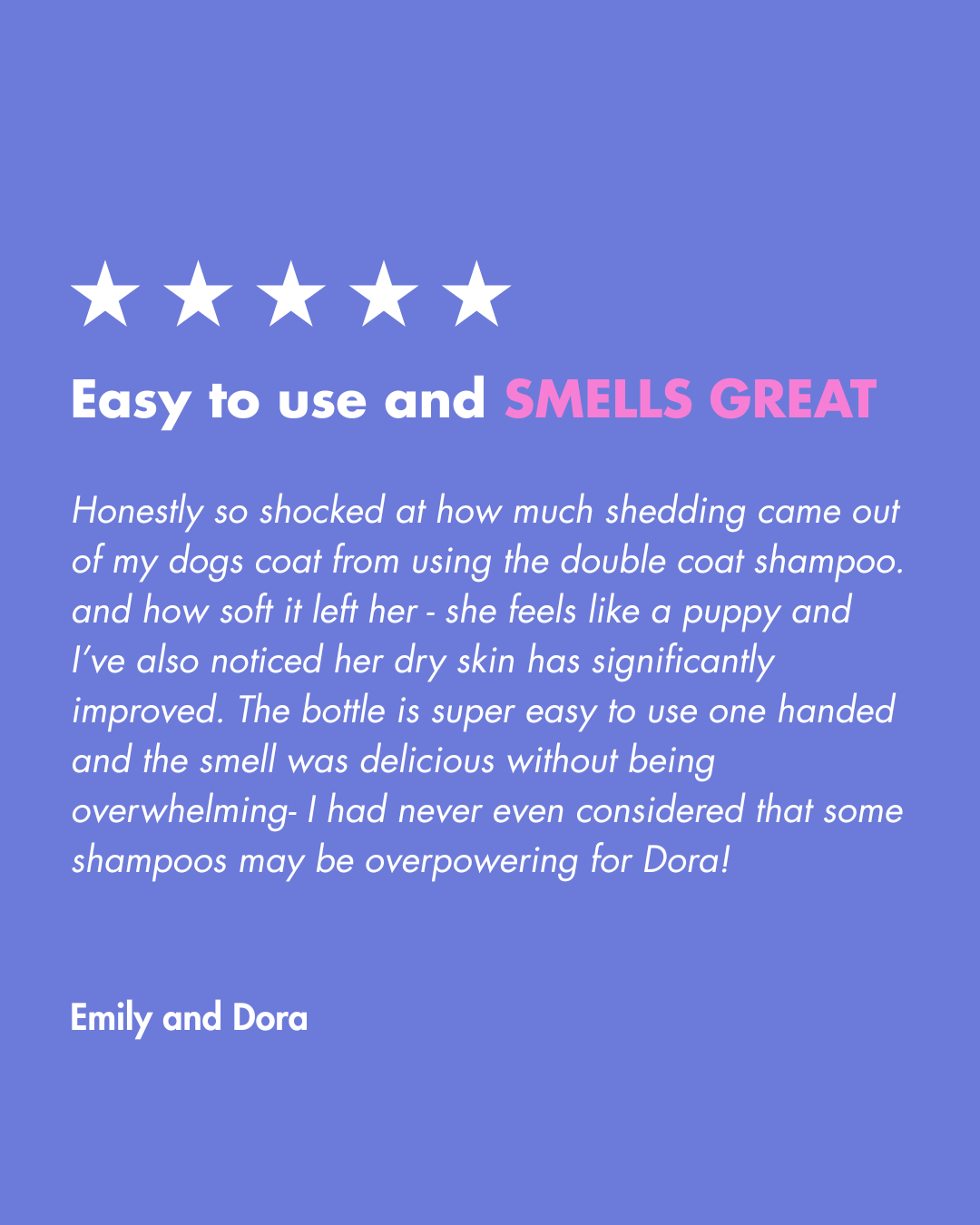 Five-star rating with a positive review of a dog shampoo on a blue background