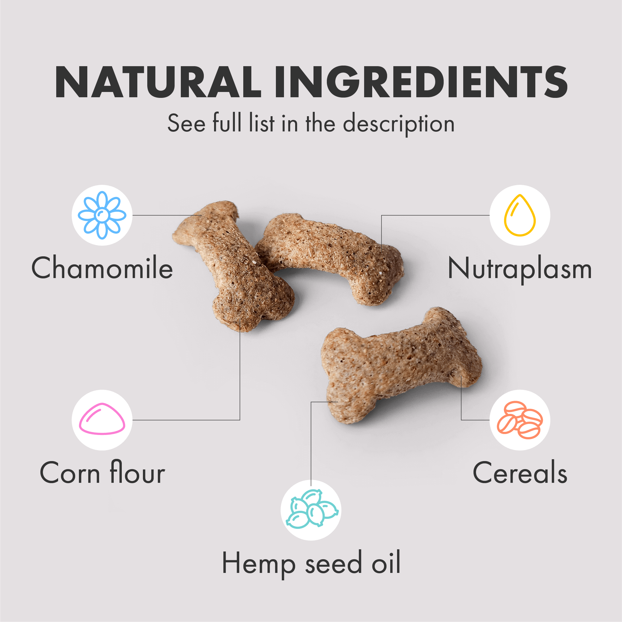 Dog Multivitamin Supplements contain only natural ingredients - Plasma and collagan, Chamomile, Hemp Seed Oil